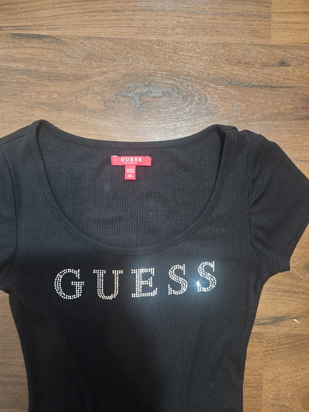 GUESS Rhinestone Logo Black Ribbed Bodycon Dress XS - Picture 6 of 6